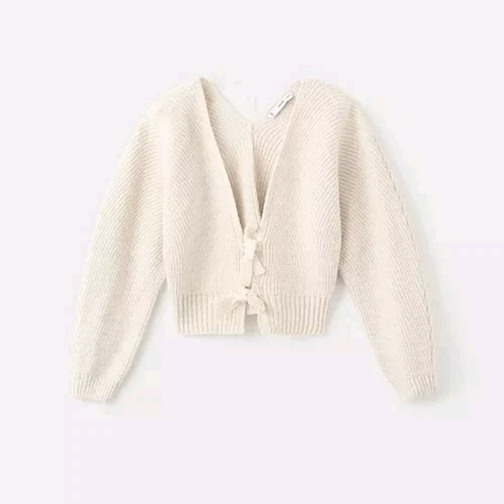 Mango Womens S Cream Knit Tie Front Bow Cardigan Coquette V-Neck